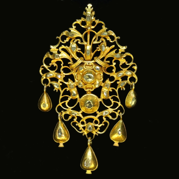 Antique 17th Century breast pendant in sequile style gold and rose cut diamonds